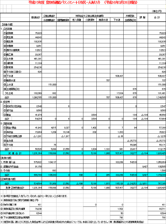 平成15年度登別市連結バランスシート（市民一人あたり）